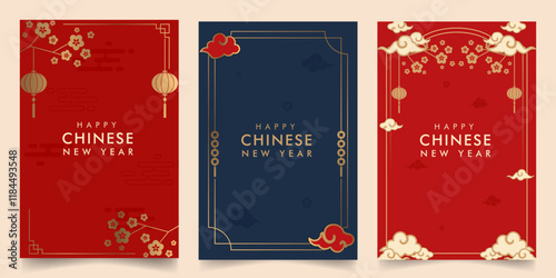 Premium simple Chinese lunar new year graphic design in red, gold and blue set. For festival, poster, greeting, invitation