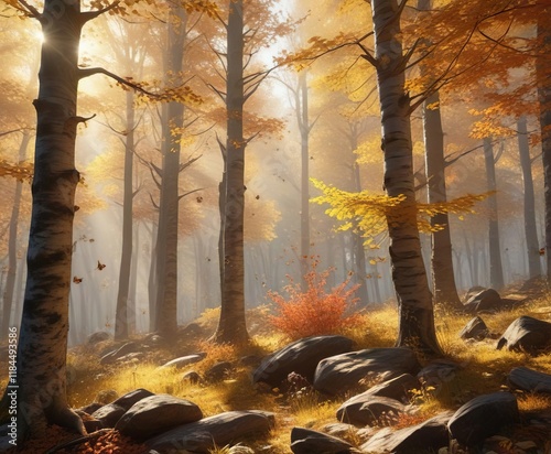 Bees and butterflies flit from flower to flower in an autumn beech forest on a mountain slope during warm morning sun, butterflies, natural landscape