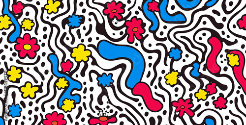 Abstract floral pattern with colorful blossoms and black lines, suitable for background