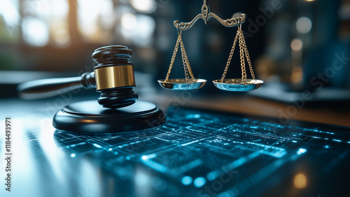 Justice and Technology: Gavel and Scales of Justice on a digital background.  A symbolic image representing the intersection of law and technology, ideal for legal, technological. photo