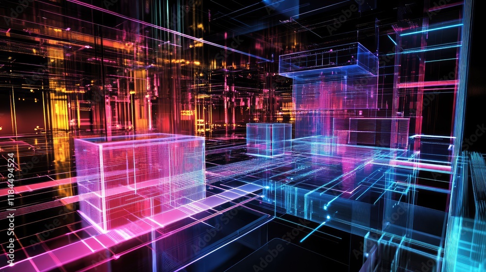 Obraz premium Visualization of quantum computing's role in modern art, with quantum systems used to manipulate light and color in digital canvas creation