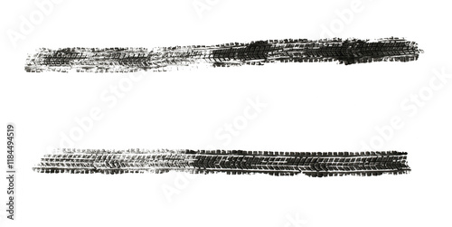 black traces of tractor tires on white background..