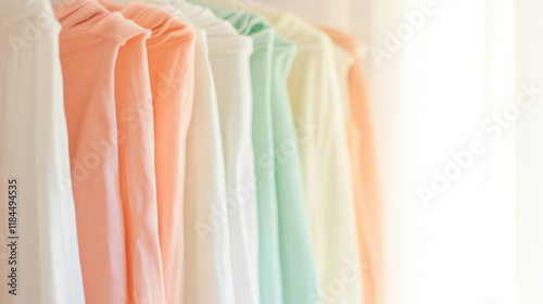 Wallpaper Mural Colorful pastel t-shirts on hangers create vibrant pattern in clothing store background Torontodigital.ca