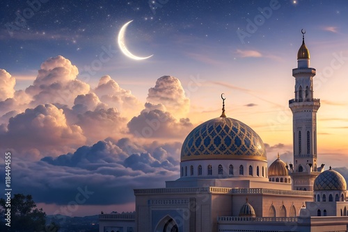 Crescent Moon over Mosque at Sunset  photo