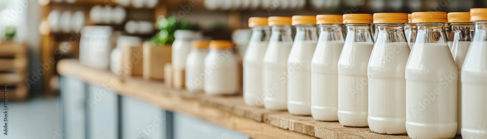 A line of glass milk bottles with wooden caps is neatly arranged on a wooden table in a bright, inviting setting. A line of glass milk bottles with wooden caps is neatly arranged on a wooden table in a bright, inviting setting.