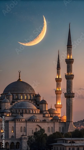 Crescent Moon Over Mosque: A serene and majestic mosque stands tall against the backdrop of a crescent moon in the twilight sky. The golden glow of the evening sun illuminates the minarets and dome. photo