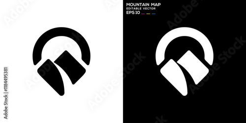 Mountain location logo. Map pin sign, hiking trip. Vector icon symbol design template EPS 10. photo