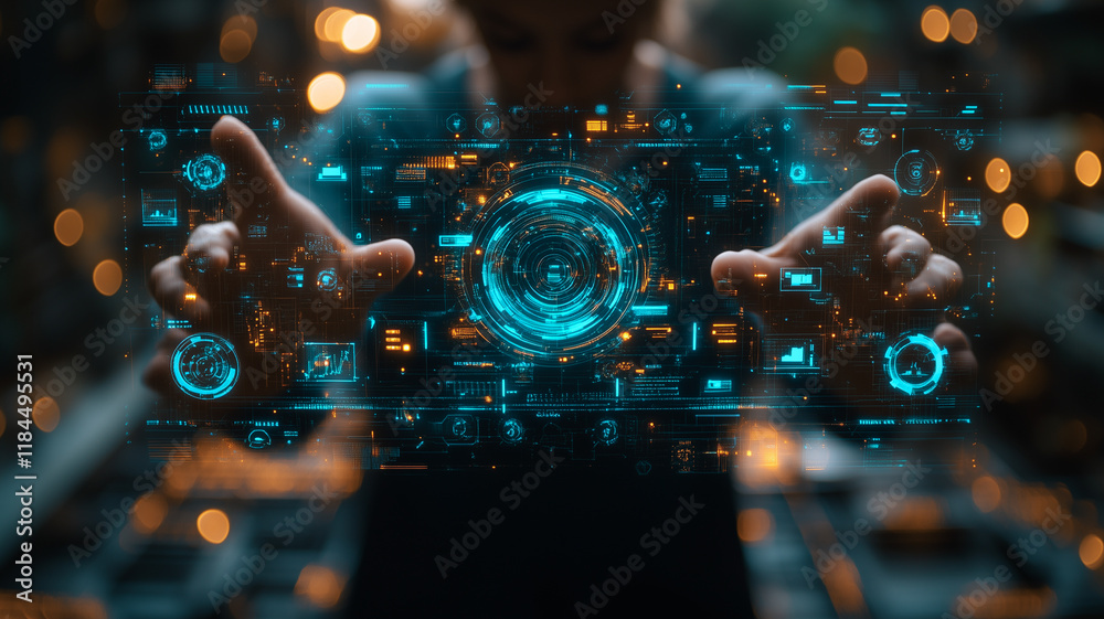 Fototapeta premium Interactive Digital Sphere: A person's hands cradling a glowing, data-filled orb, representing the potential of technology in a futuristic setting. The image evokes a sense of control and innovation.