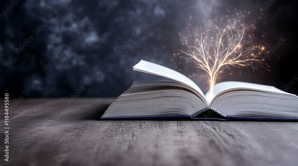 Fototapeta premium Glowing tree growing from open book on wooden table, dark background; education, knowledge, fantasy concept