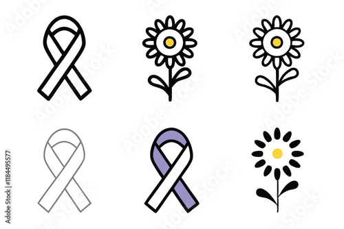 Simple and modern cancer ribbon and flower icons in various styles, ideal for healthcare awareness designs, world cancer day icon set