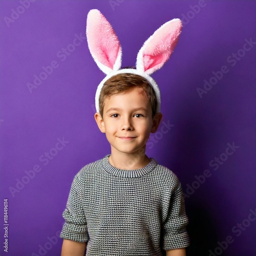 Menino com tiara de coelho em fundo roxo