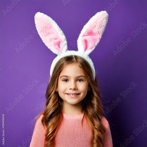 Criança sorrindo com tiara de coelho em fundo roxo