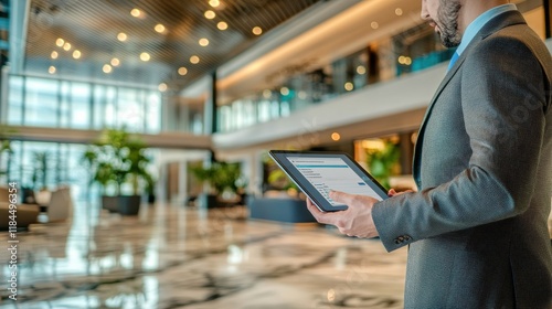 Professional Man Showing Tablet in Modern Lobby
