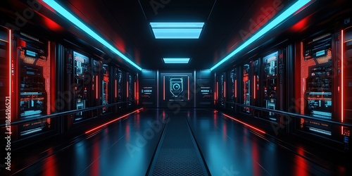 Futuristic AI Industry Conference: Empty High-Tech Auditorium. Abstract Marketing Background Showcasing Advanced Technology and Innovation. Cutting-Edge Design for Posters, Banners, and Digital Media 