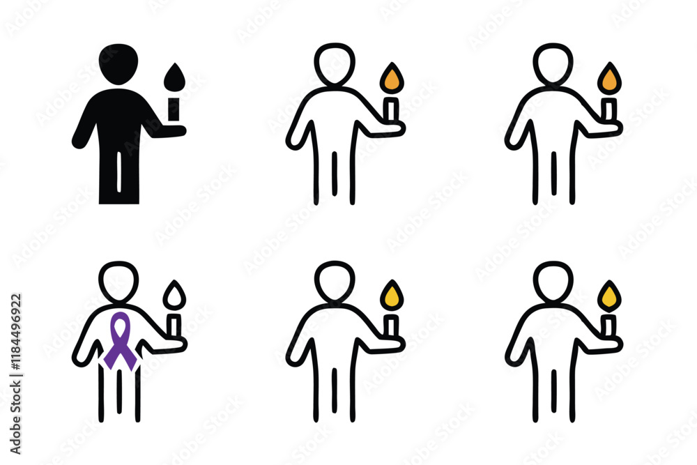 Line art icons of individuals holding candles with cancer awareness ribbons, representing hope, solidarity, and advocacy, world cancer day line art icon set Line art icons of individuals holding candles with cancer awareness ribbons, representing hope, solidarity, and advocacy, world cancer day line art icon set