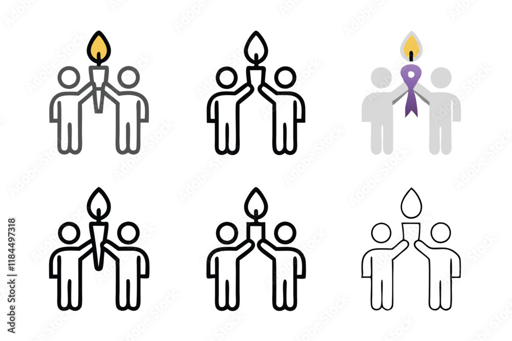 Collection of line art icons featuring candles, figures, and ribbons for healthcare campaigns, awareness, and prevention, world cancer day line art icon set Collection of line art icons featuring candles, figures, and ribbons for healthcare campaigns, awareness, and prevention, world cancer day line art icon set