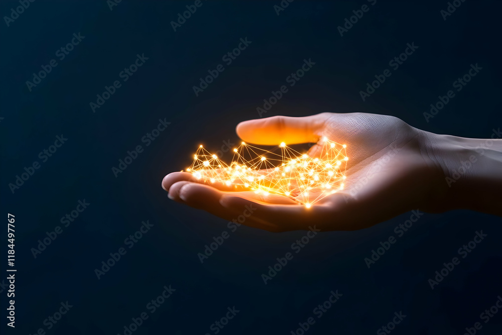 Hand holding glowing network, dark background, technology concept, website banner Hand holding glowing network, dark background, technology concept, website banner
