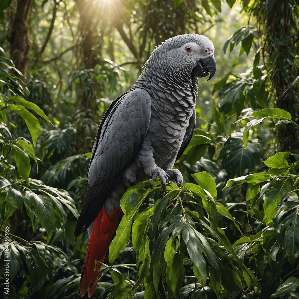 Fototapeta premium A resplendent African grey parrot surrounded by cascading green vines in a sunlit rainforest.