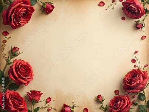 vintage floral background with red roses scattered on old paper with subtle texture and fading colors with copy space with empty space no text no word no character no logo no letters no text