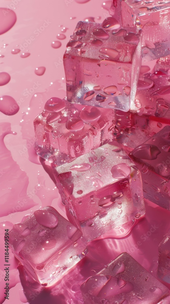 View of pink ice cubes with water droplets reflecting a contemporary aesthetic View of pink ice cubes with water droplets reflecting a contemporary aesthetic