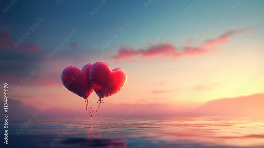 Fototapeta premium Heart Balloons at Sunset: A Romantic Seascape