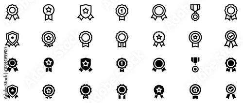 Award medal icon set. Winner or victory badge medal. Contains approved, verified, certified, star, achievement, and first medal. Vector illustration. EPS 10