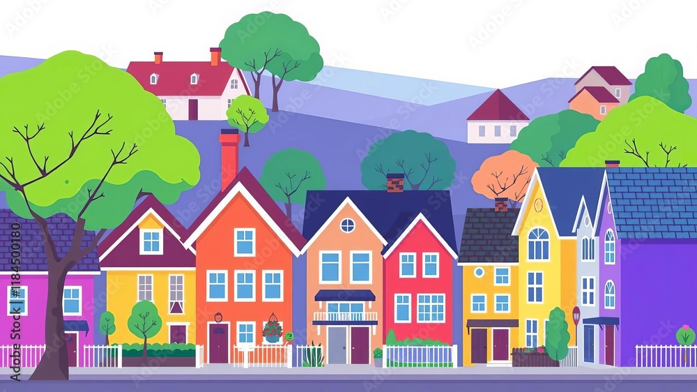 Colorful suburban houses with unique designs and vibrant colors flat icon vector illustration, colorful, vector illustration, suburbs
