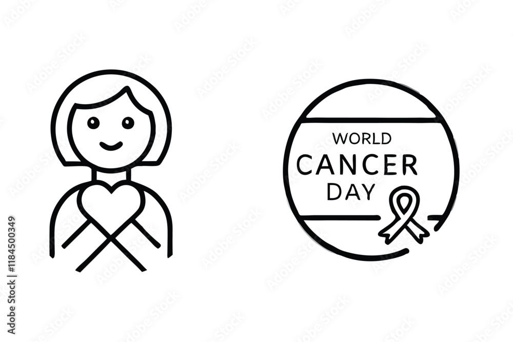 Illustrative line art icons with global cancer awareness themes, depicting symbolic ribbons and supportive elements for world cancer day line art icon set Illustrative line art icons with global cancer awareness themes, depicting symbolic ribbons and supportive elements for world cancer day line art icon set