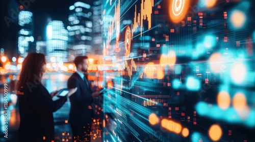 Vibrant Nighttime City Skyline with Illuminated Skyscrapers and Traffic