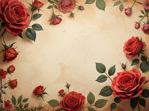vintage floral background with red roses scattered on old paper with subtle texture and fading colors with copy space with empty space no text no word no character no logo no letters no text