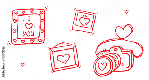 A photo camera with frames and a polaroid photo. Doodle style, hand drawn isolated elements, love theme. Valentines, anniversaries, weddings. For web and digital design, prints, stickers, gifts, cards