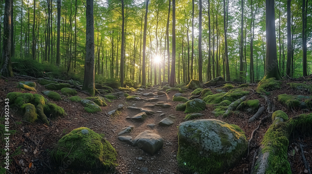 Fototapeta premium Sunlit Forest Pathway Surrounded by Lush Greenery and Stones