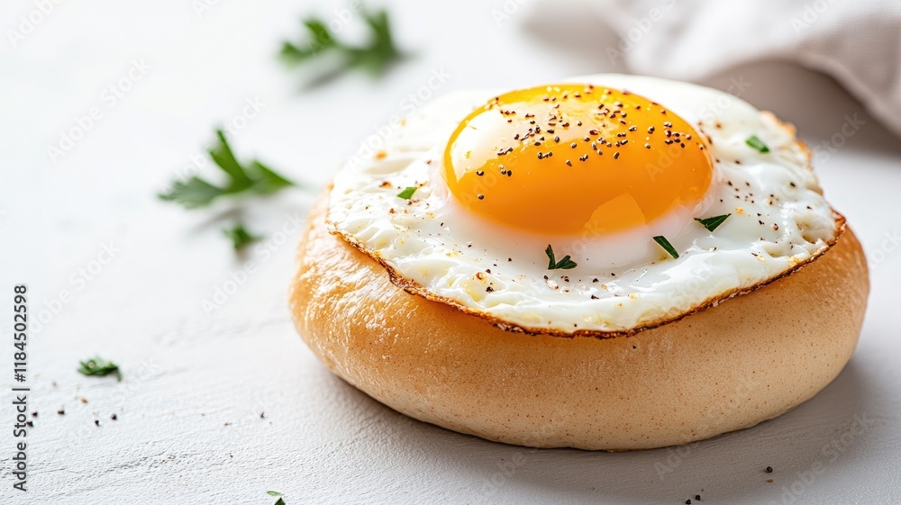 Freshly baked bread roll topped with sunny-side-up egg and garnished herbs Freshly baked bread roll topped with sunny-side-up egg and garnished herbs