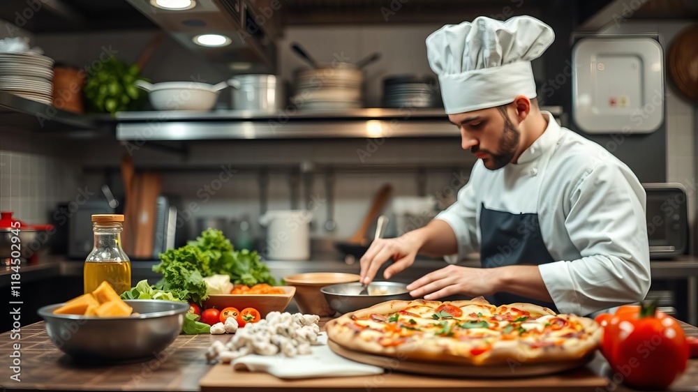 Cook wearing an apron preparing a pizza in a busy restaurant kitchen, restaurant, pizza, ingredients Cook wearing an apron preparing a pizza in a busy restaurant kitchen, restaurant, pizza, ingredients