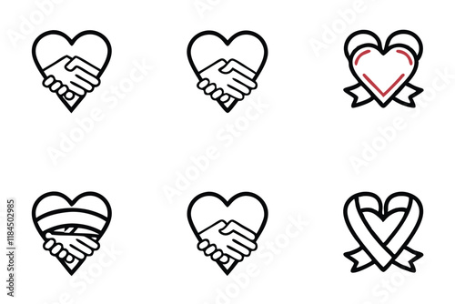 Minimalist line icons of hearts, hands, and ribbons depicting care, affection, and support for charitable or advocacy initiatives