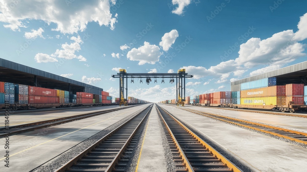 Fototapeta premium Container shipping operation port terminal industrial scene daytime wide angle logistics and transportation