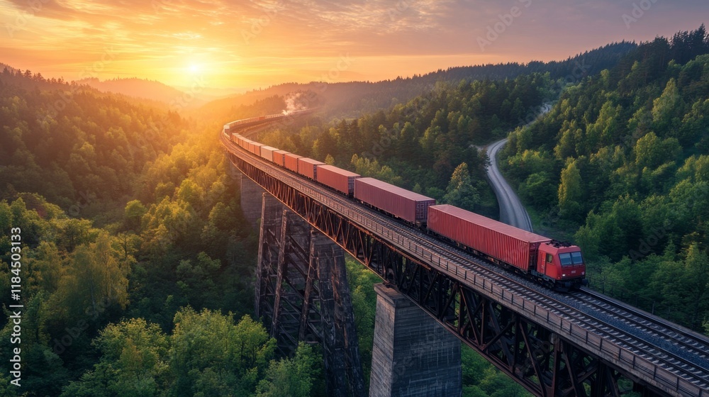 Obraz premium Freight train journey at sunrise scenic bridge landscape photography natural environment captivating view adventure theme
