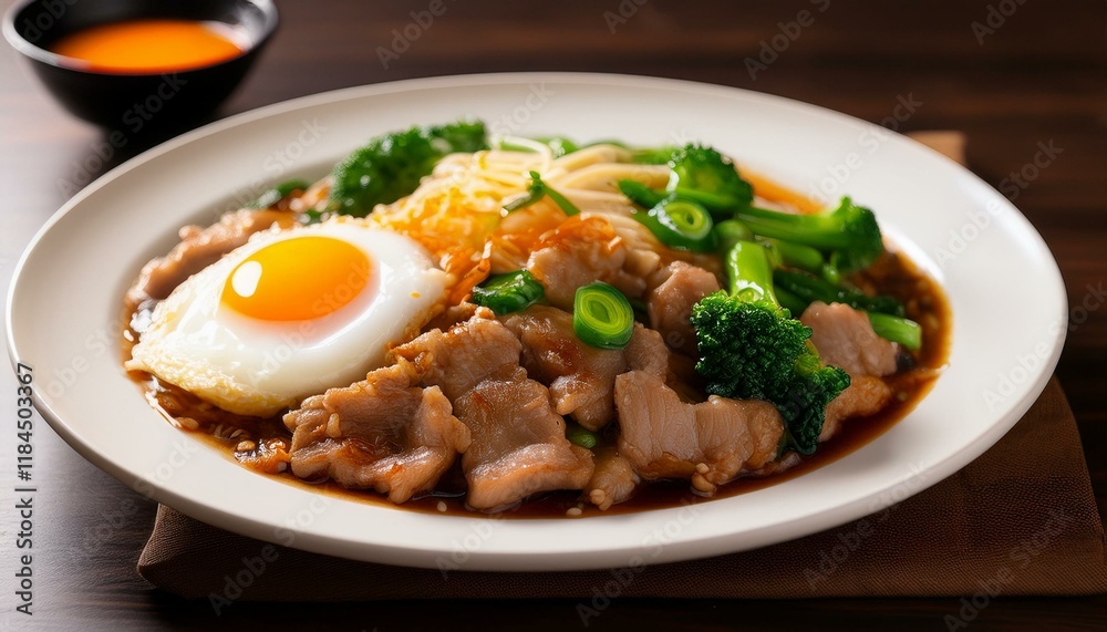 stir fried sukiyaki with egg and pork on white plate stir fried sukiyaki with egg and pork on white plate