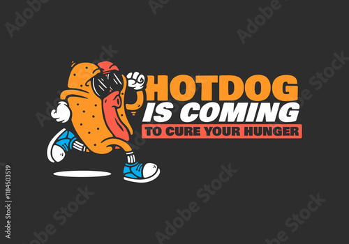 Hot Dog with sunglasses character in orange red colors