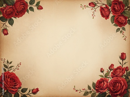 vintage floral background with red roses scattered on old paper with subtle texture and fading colors with copy space with empty space no text no word no character no logo no letters no text