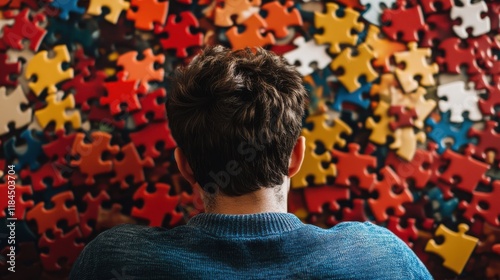 Man Facing Colorful Puzzle Pieces: A Contemplative Composition photo