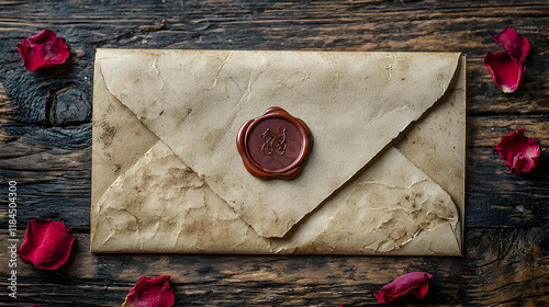 Sealed love letter rustic wood background photograph romantic atmosphere close-up view nostalgic sentiment photo