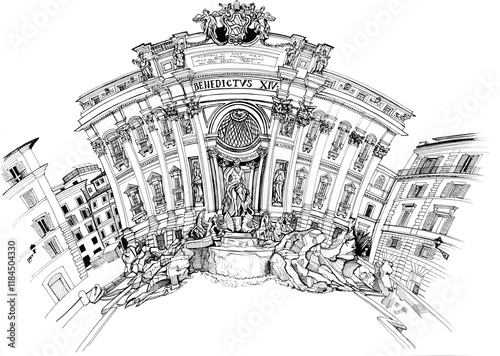 Trevi fountain, Rome, Italy, hand drawn urban architectural sketch, black and white illustration