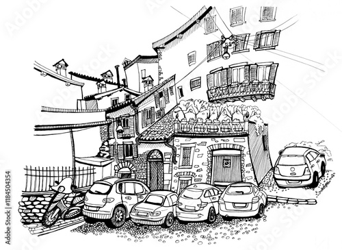 Ancient street with old houses in little italian town, hand drawn urban architectural sketch, black and white illustration