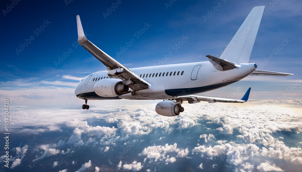 Fototapeta premium Un avion de pasajeros volando entre nubes y un cielo azul