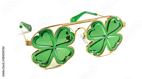 A pair of green and gold party glasses shaped like shamrocks, isolated on white background, cut out  photo