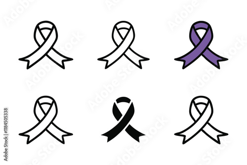 Minimalist ribbon icons featuring purple and yellow designs, ideal for health, solidarity, and support campaigns World cancer day line art icon set