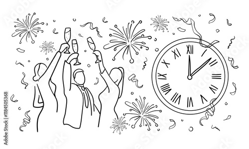 Continuous line party champagne one line art, continuous drawing contour. Hands toasting with wine glasses with drinks. Cheers toast festive decoration for holidays. Vector illustration