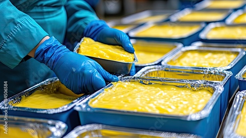 Food preparation in a commercial kitchen with yellow custard photo