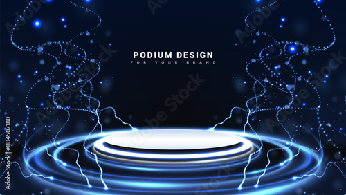 Small glowing particles on dark background with white podium and blue neon light effect surrounding, futuristic product promotion technology scene design concept.